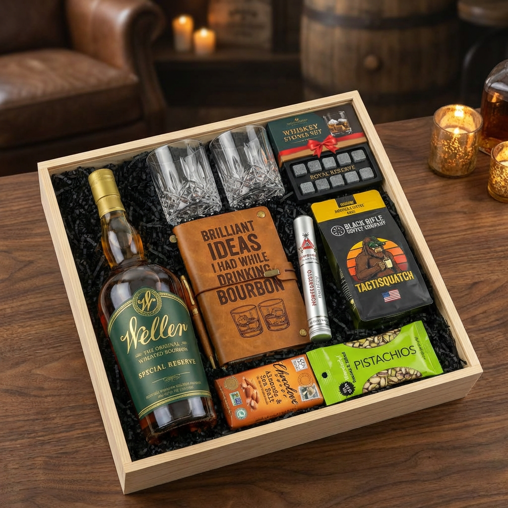 W.L. Weller Special Reserve Kentucky Straight Bourbon Whiskey top shelf gift crate with crystal rocks glasses, leather bourbon journal, Royal Reserve whiskey stones, Montecristo cigar, Black Rifle Coffee, Chocolove chocolate, and Wonderful Pistachios laying flat on walnut table with warm home bar lighting and natural angled perspective