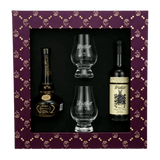 Purple Willett presentation box with a Willett bourbon and a Willett Family Estate rye 50ml bottle and two etched Willett tasting glasses.