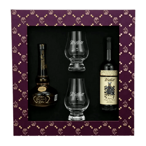 Purple Willett presentation box with a Willett bourbon and a Willett Family Estate rye 50ml bottle and two etched Willett tasting glasses.