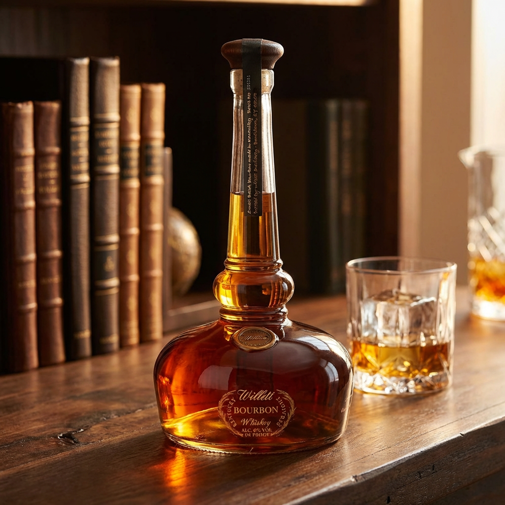 Willett Pot Still Reserve Kentucky Straight Bourbon Whiskey 1.75 Liter bottle displayed on rustic wood with warm bar lighting and crystal glass