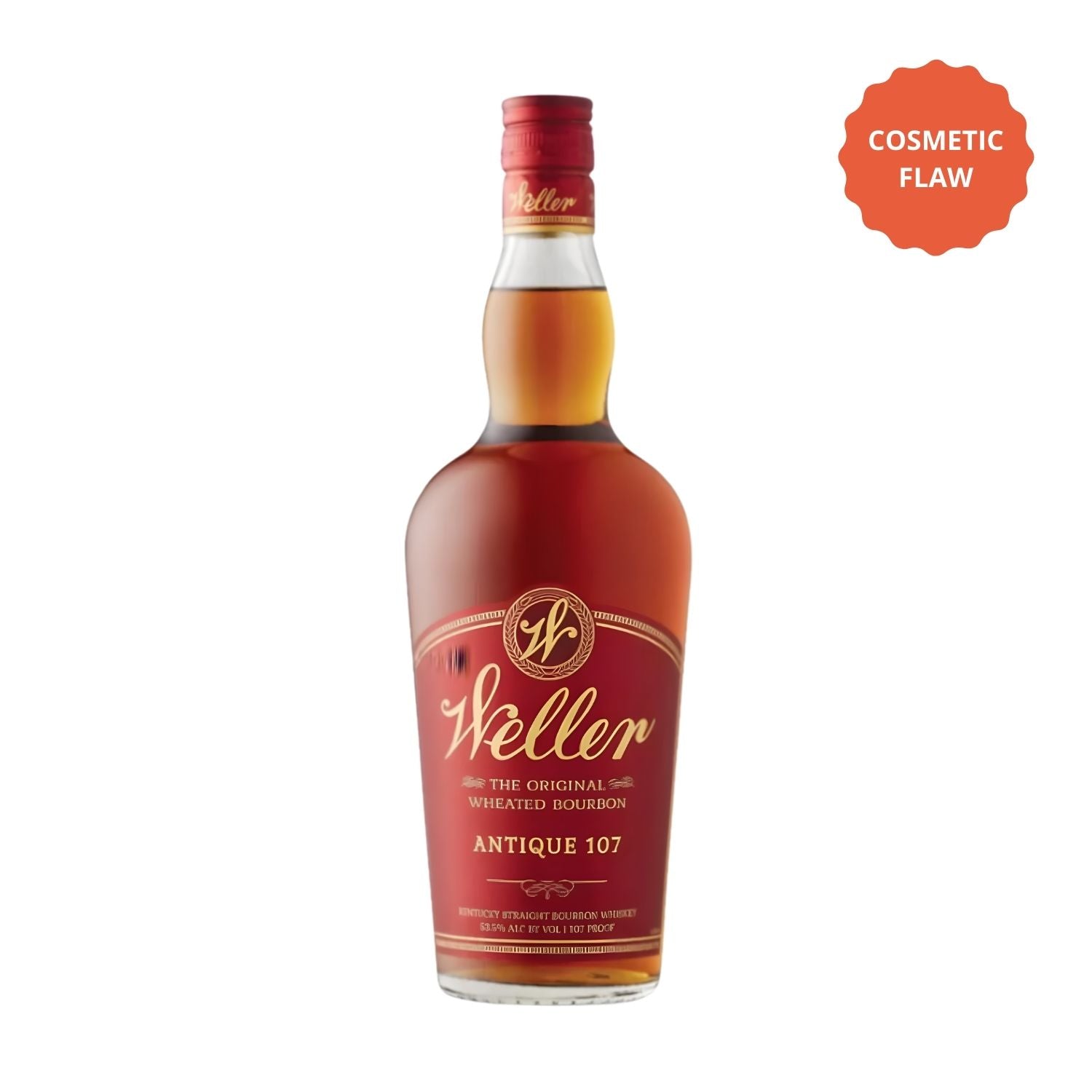W.L. Weller Antique 107 Kentucky Straight Bourbon Whiskey 750ml bottle, 107 proof wheated bourbon from Buffalo Trace Distillery, Bloopers cosmetic flaw discount bottle
