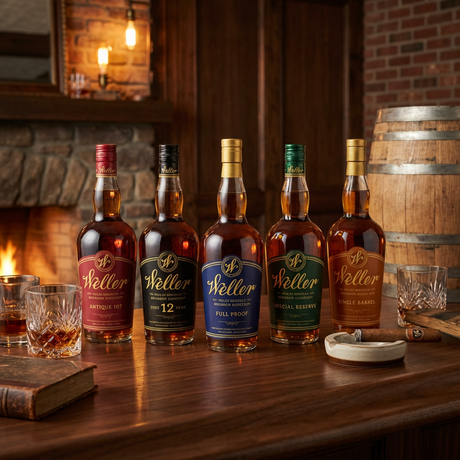 W.L. Weller Bourbon Collector's Bundle lifestyle scene featuring five 750ml bottles - Antique 107, 12 Year, Full Proof, Special Reserve, and Single Barrel - displayed together with crystal bourbon glasses on rich dark wood surface in rustic-luxe bourbon den setting with warm ambient lighting.