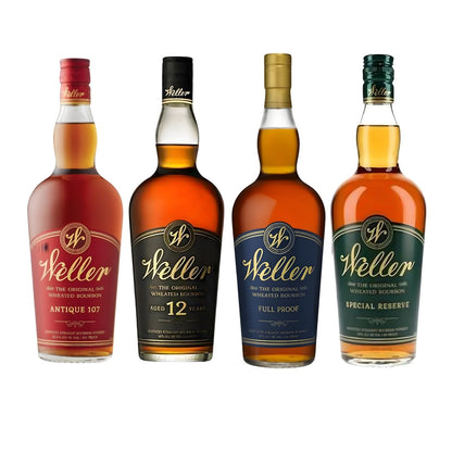 W.L. Weller Complete 4-Bottle Wheated Bourbon Bundle featuring Full Proof, Special Reserve, Antique 107, and 12 Year Kentucky Straight Bourbon Whiskey 750ml bottles from Buffalo Trace Distillery