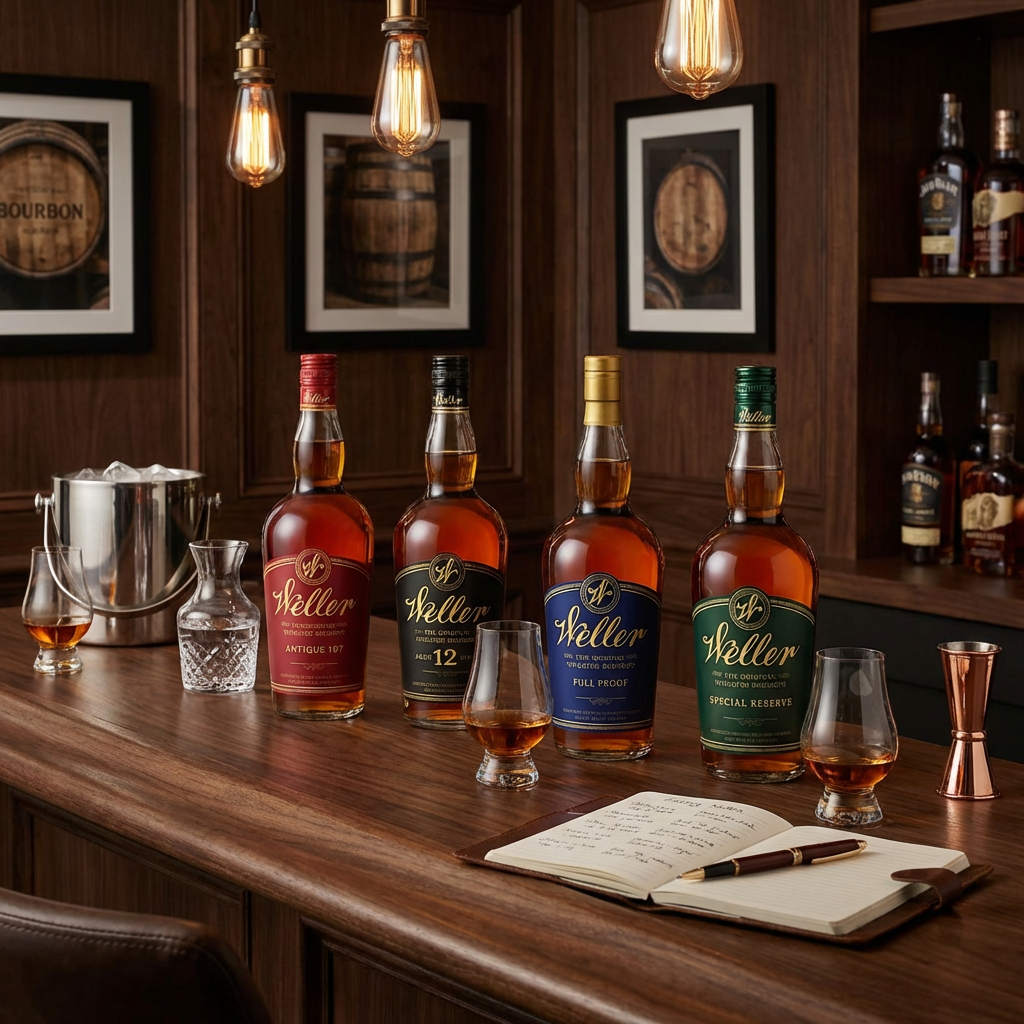 W.L. Weller Complete 4-Bottle Wheated Bourbon Bundle featuring Antique 107, 12 Year, Full Proof, and Special Reserve bottles arranged on a dark walnut home bar with Glencairn tasting glasses, leather journal, and warm Edison bulb lighting for an intimate at-home bourbon tasting experience