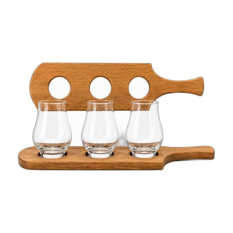 Wooden Flight Handle With 3 Glencairn Glasses