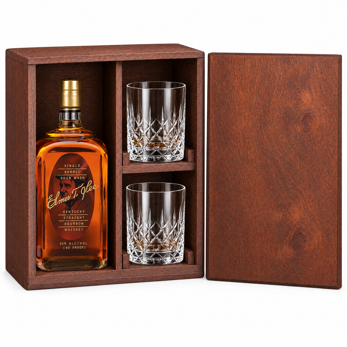 Elmer T. Lee Single Barrel 750ml in a mahogany wooden gift box with two crystal rocks glasses
