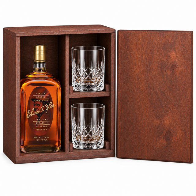 Elmer T. Lee Single Barrel 750ml in a mahogany wooden gift box with two crystal rocks glasses