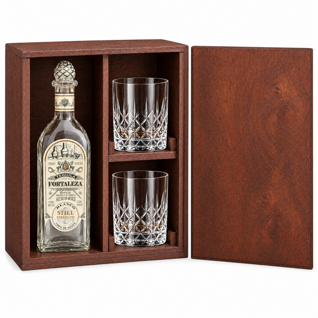 Fortaleza Still Strength Blanco Tequila 750ml in a mahogany wooden gift box with two crystal rocks glasses