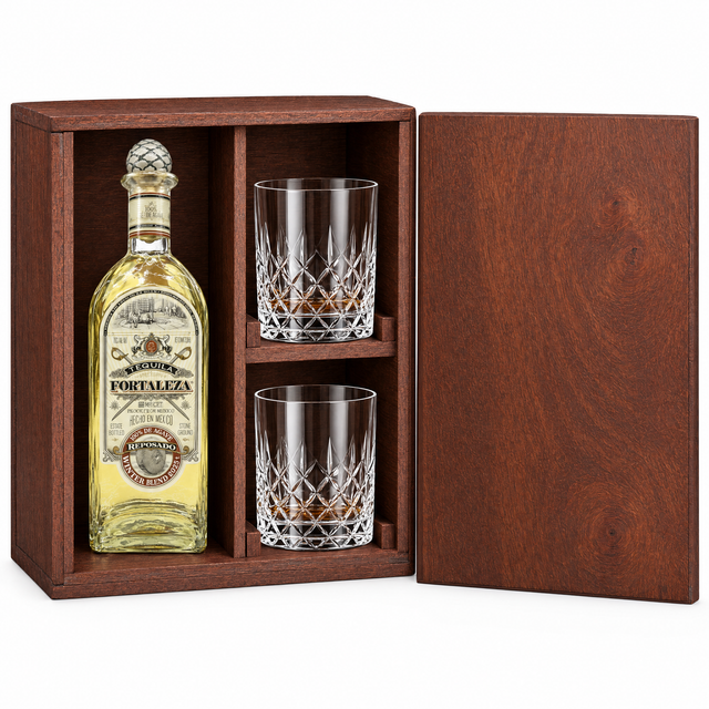 Fortaleza Winter Blend Reposado Tequila 2025 Premium 750ml in a mahogany wooden gift box with two crystal rocks glasses