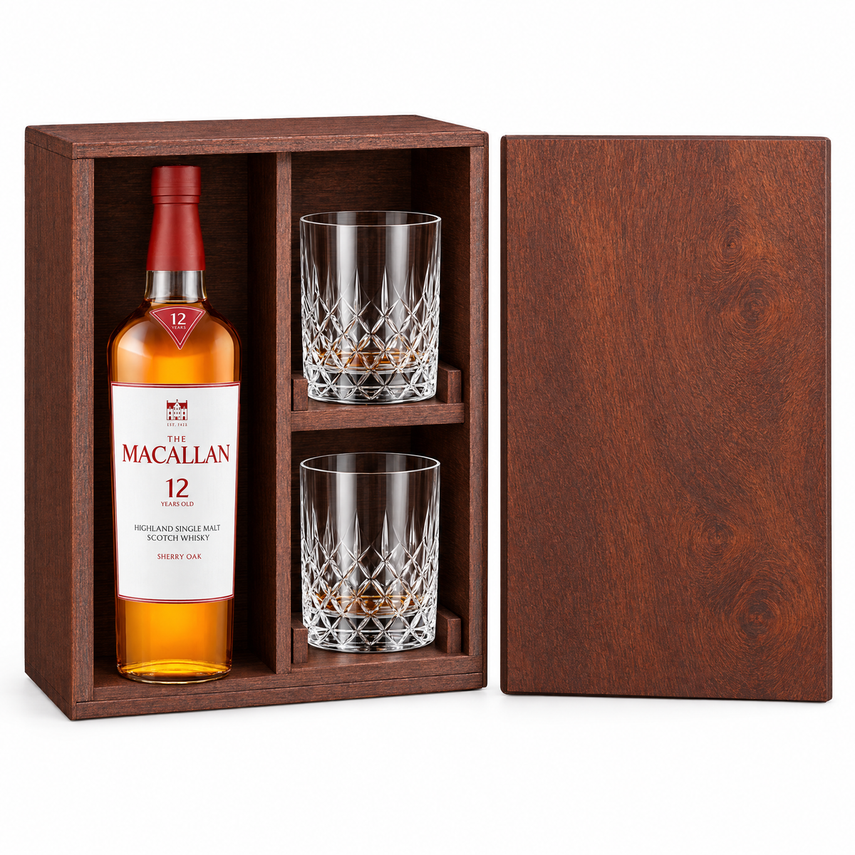The Macallan 12 Year Sherry Oak 750ml in a mahogany wooden gift box with two crystal rocks glasses