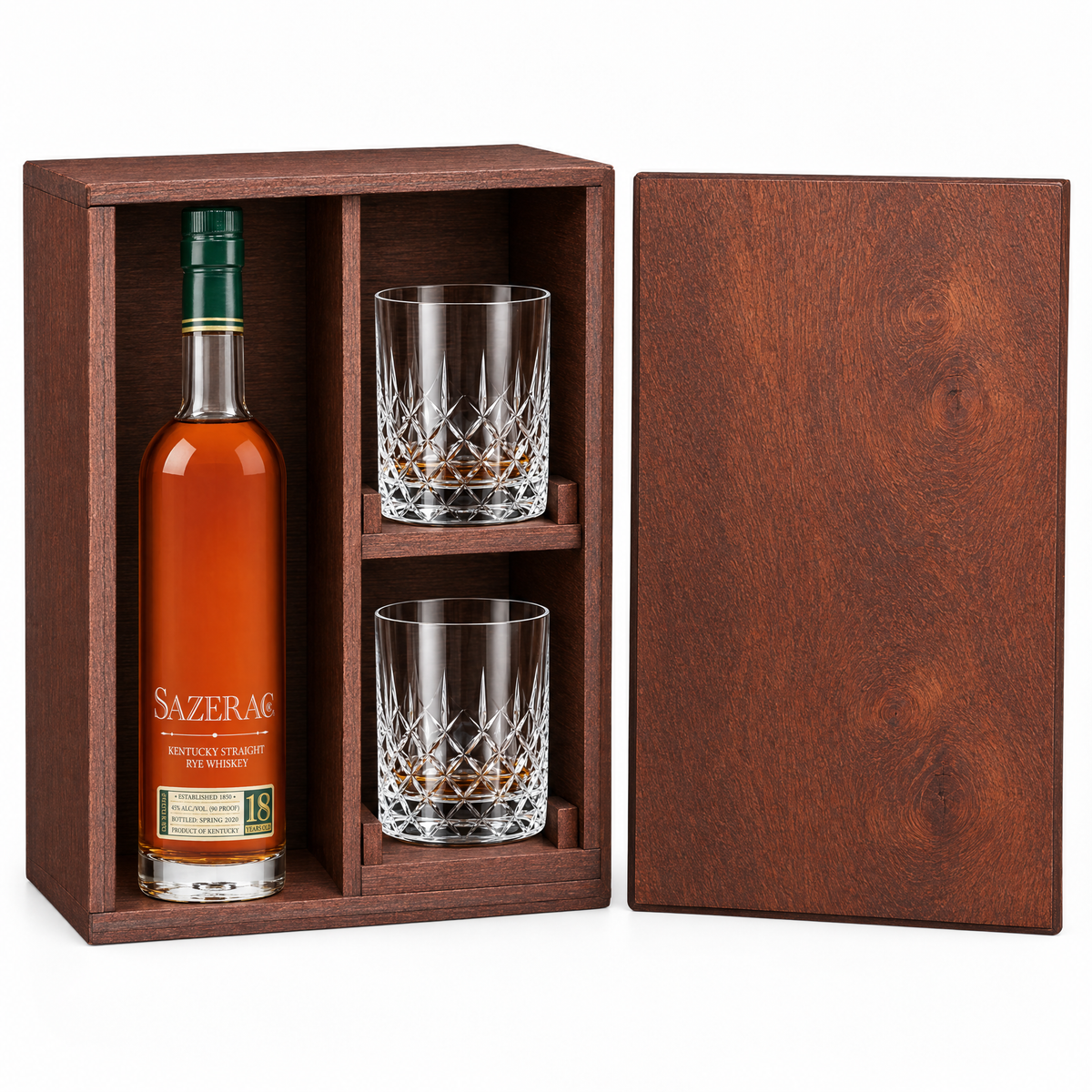Sazerac 18 Year 750ml in a mahogany wooden gift box with two crystal rocks glasses