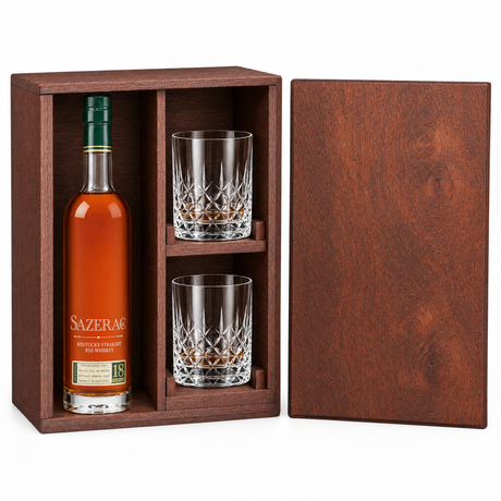 Sazerac 18 Year 750ml in a mahogany wooden gift box with two crystal rocks glasses