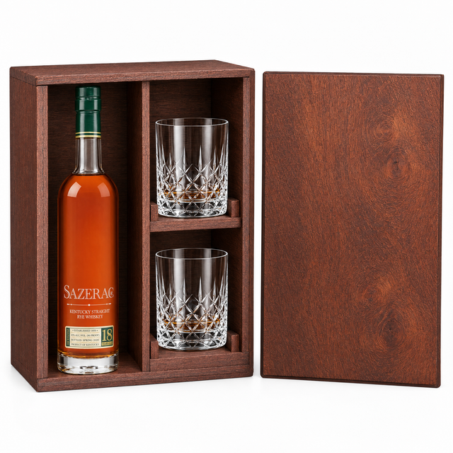 Sazerac 18 Year 750ml in a mahogany wooden gift box with two crystal rocks glasses