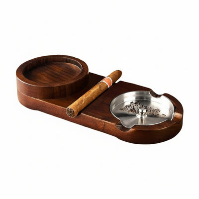 Wooden Old-Fashioned Glass Tray with Cigar Holder & Ashtray