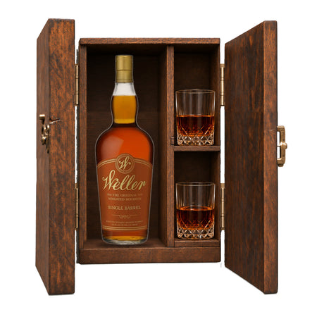 W.L. Weller Single Barrel Gift Set with Wooden Box & 2 Crystal Glasses – 750ml