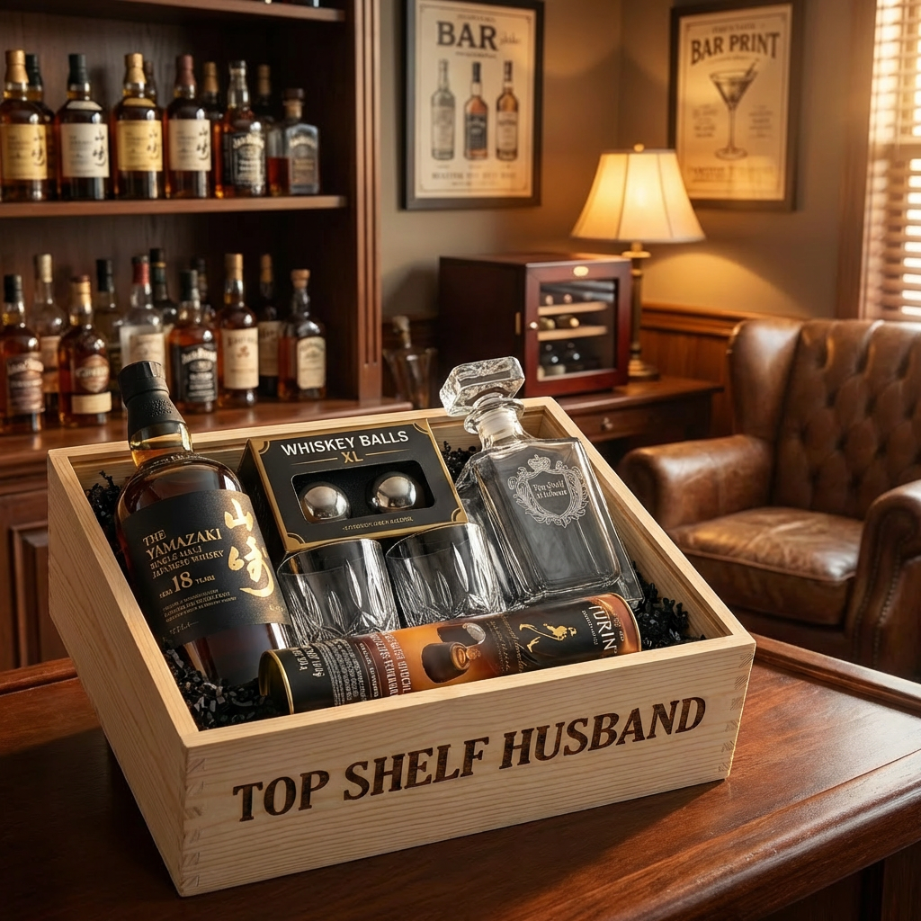 Top Shelf Husband open wooden gift crate featuring Yamazaki 18 Year Old Single Malt Japanese Whisky 750ml, crystal decanter, two whisky glasses, Whiskey Balls XL, and Turin chocolates displayed in an elegant home bar setting with warm ambient lighting.