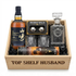Yamazaki 18 Year Single Malt Japanese Whisky "Top Shelf Husband" Gift Crate featuring engraved decanter, two crystal-cut old-fashioned glasses, stainless-steel whiskey balls with freezer tray, and Turin liquor-filled chocolates in an engraved wooden crate
