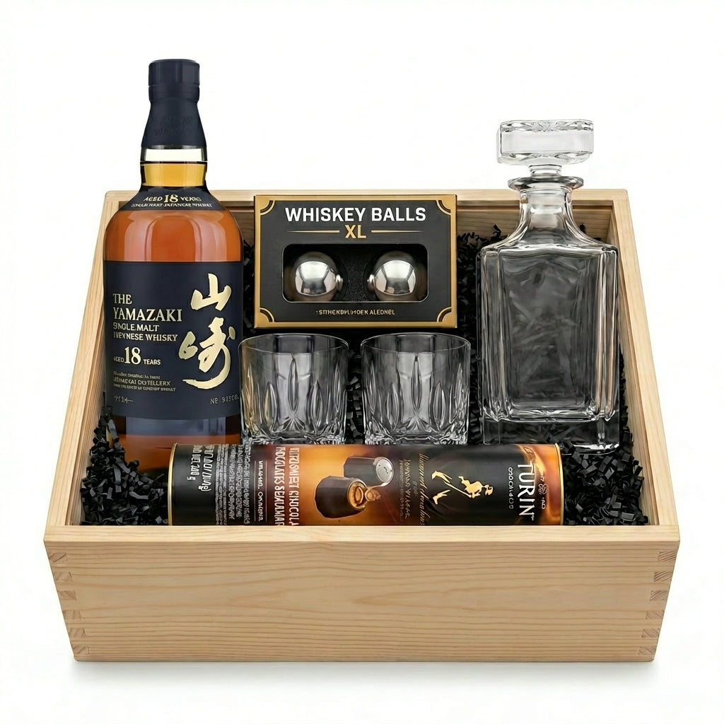 Yamazaki 18 Year Single Malt Japanese Whisky Executive Gift Crate with engravable decanter, crystal glasses, whiskey balls, chocolates, and wooden gift crate