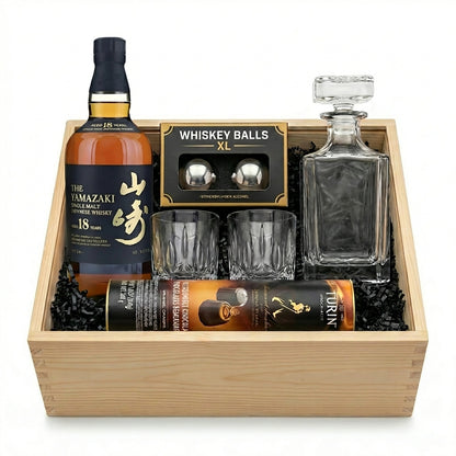 Yamazaki 18 Year Single Malt Japanese Whisky Executive Gift Crate with engravable decanter, crystal glasses, whiskey balls, chocolates, and wooden gift crate