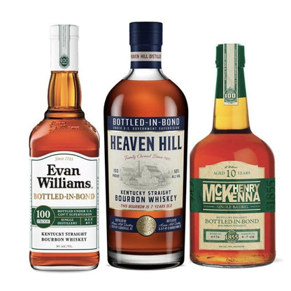 Heaven Hill Bourbon Trio Bottled-in-Bond Collection featuring three 750ml bottles at 100 proof: Evan Williams Bottled-in-Bond, Heaven Hill 7 Year Bottled-in-Bond, and Henry McKenna 10 Year Single Barrel Bottled-in-Bond